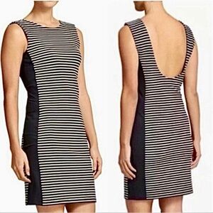 Athleta Sleeveless Tank Dress Sz Large Black White Stripe Low Back Stretch Ponte
